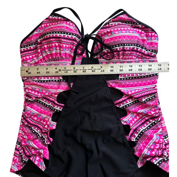 Bongo Pink & Black Aztec Print One-Piece Swimsuit With Side Cutouts & Halter Tie - Picture 7 of 10